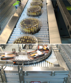 <div>(top): A plastic dome is placed over the top of the cake to keep the toppings intact before shrink-wrapping. (bottom): The Slip-Torque low back-pressure accumulation system stages the cheesecake cartons for induction into the case packer. Source: Shu