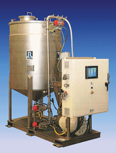 the Ross Solids/Liquid Injection Manifold automated powder feeding and high-speed mixing skid system