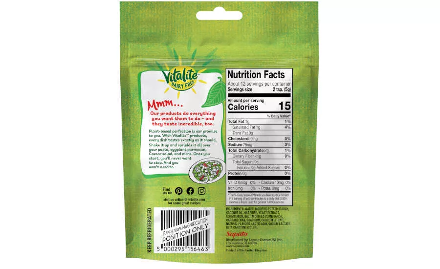 Plant based shredded parmesan Vitalite Saputo packaging