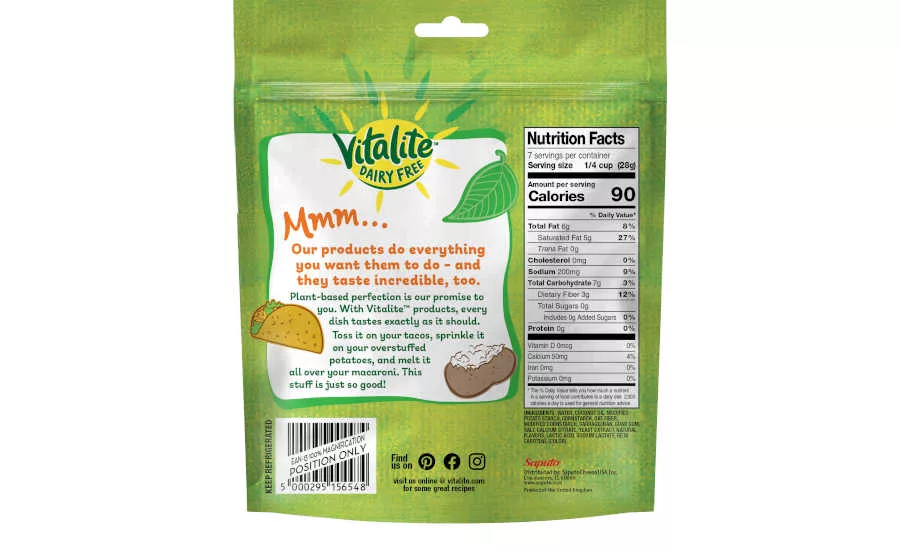 Plant based shredded cheddar Vitalite Saputo packaging