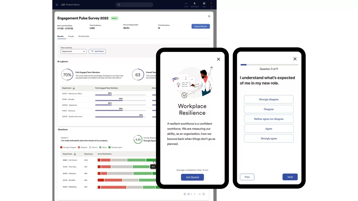 ADP's Voice of the people example image with data view on a computer and application view on a phone