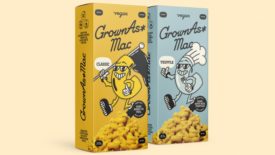 Image of Grown As* mac and cheese boxes in front of a light yellow background