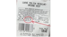 Ground beef label with packed on date circled in red with a red arrow pointing to it