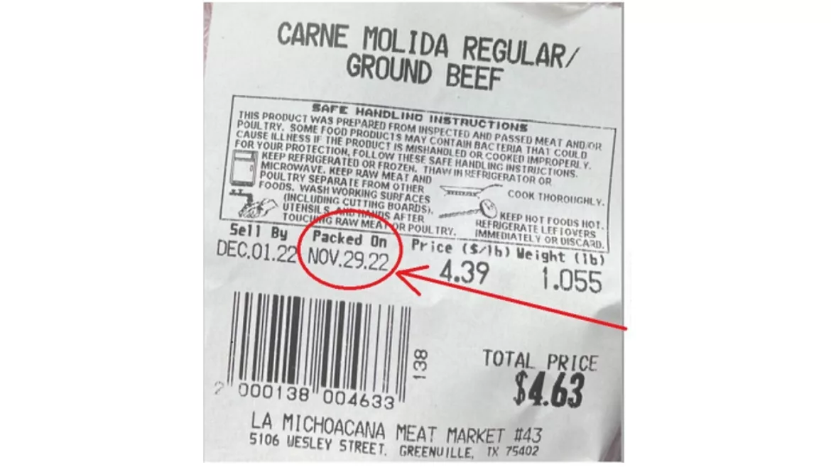 Ground beef label with packed on date circled in red with a red arrow pointing to it