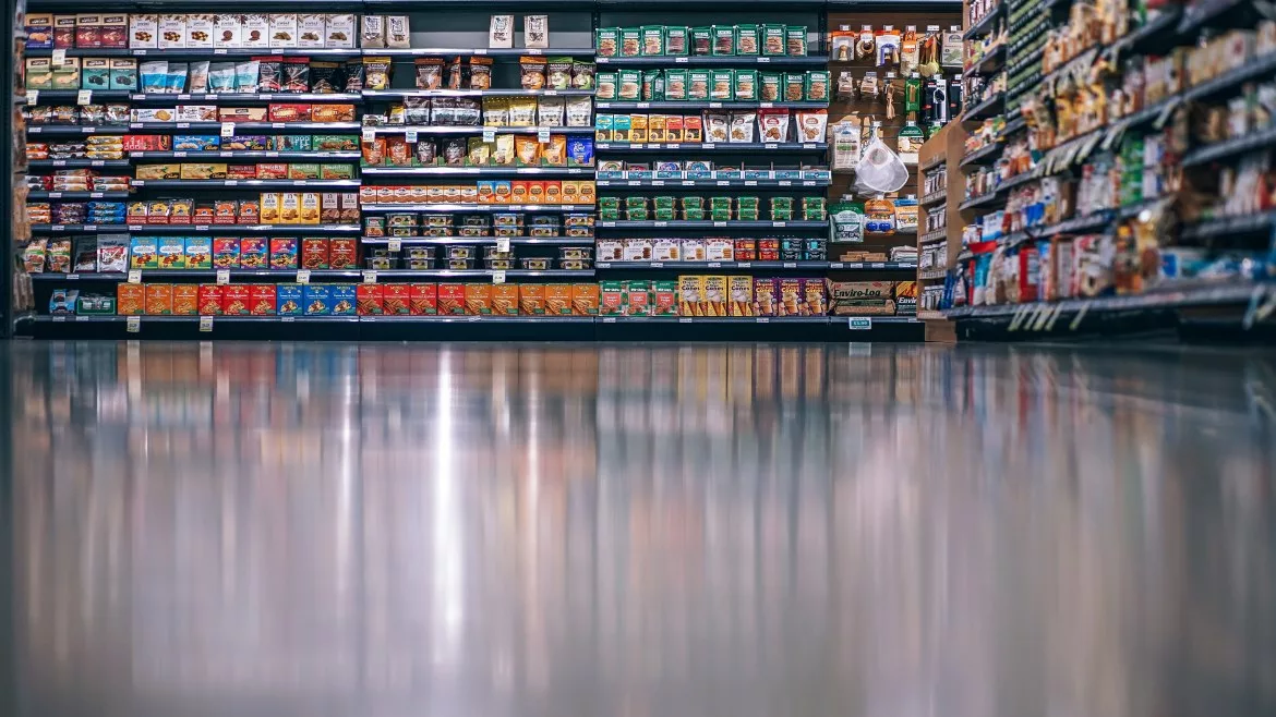 Grocery store aisle showing packaged foods
