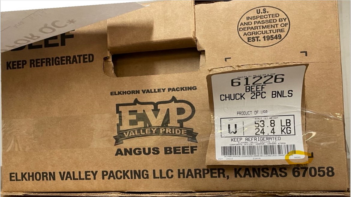 Elkhorn Valley Packing's corrugated box containing beef chuck that is under recall.