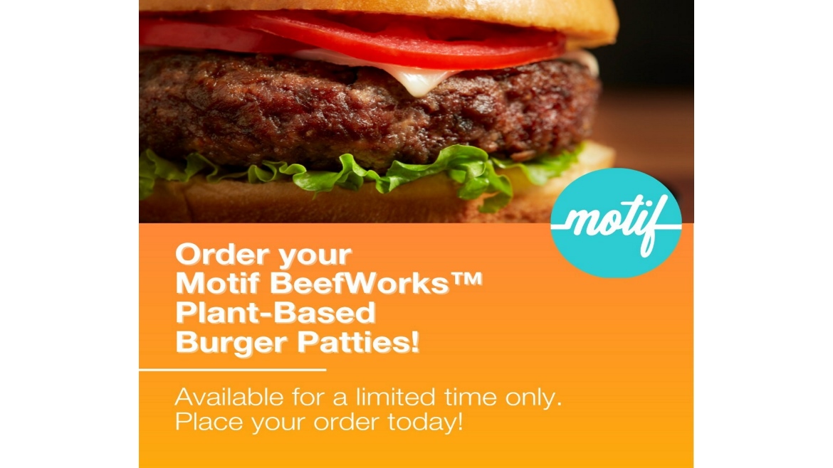 Motif FoodWork's marketing graphic for limited-time, direct-to-consumer sale of its Plant-Based Burger Patties.