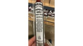 Front view of Bruno Beef Strips's recalled beef stick label