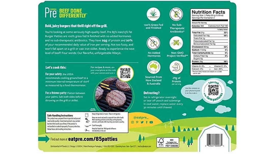 The back of Weinstein Wholesale Meat's recalled burger patty packaging.