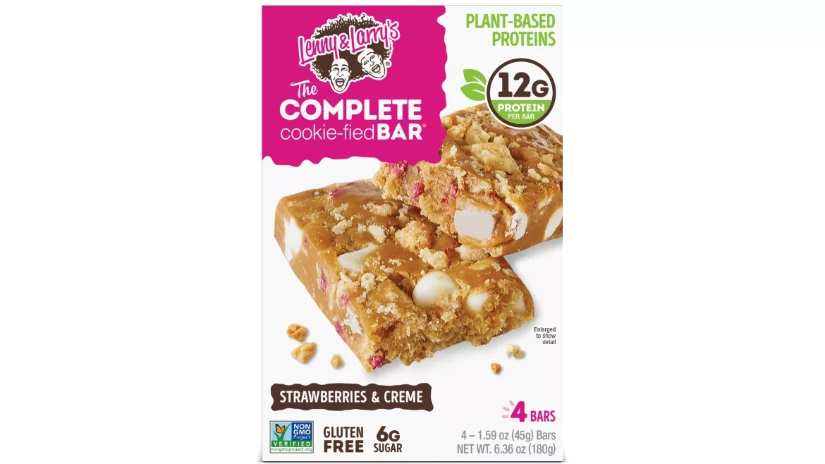 Lenny and Larry's new retail packaging of the Strawberrie and Creme Cookie-fied bar
