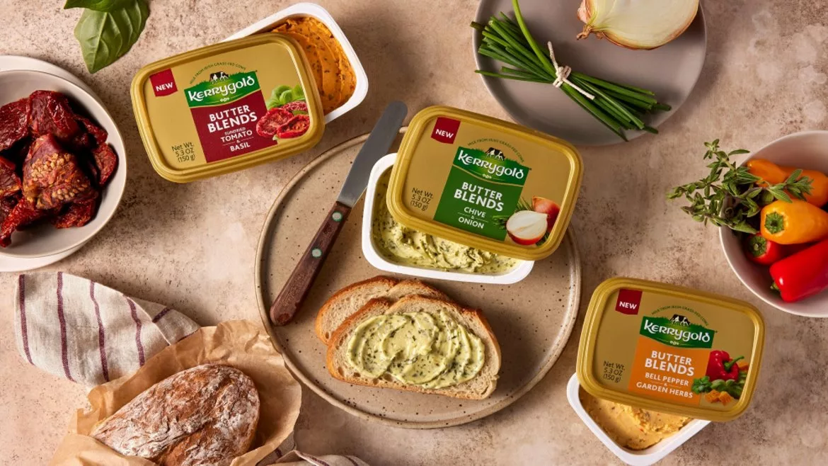 Three butter containers with various food items next to them