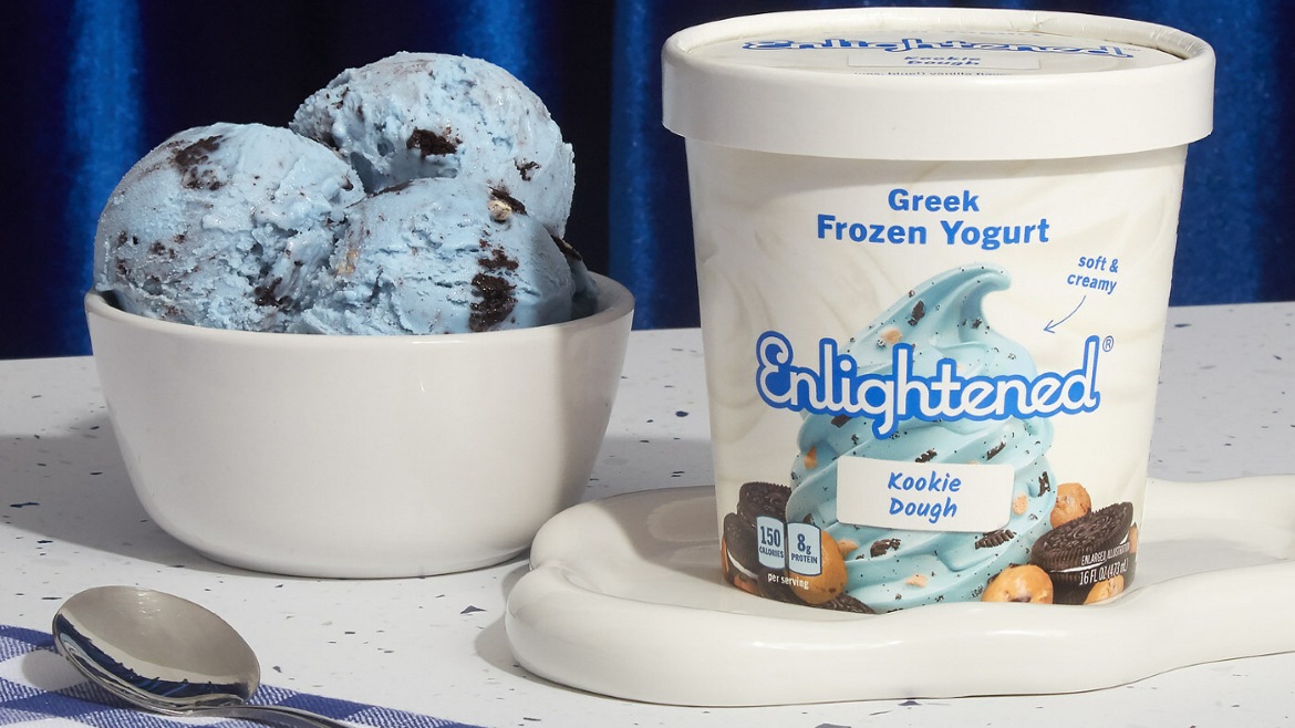 Enlightened's frozen yogurt pint next to a bowl of frozen yogurt