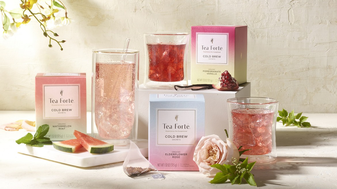 Tea Forte's new cold brew next to tea in glass cups