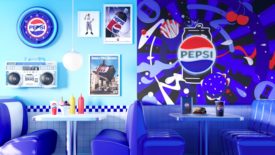 A diner setting with Pepsi branding and logos as decor