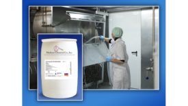 ProClean Degreaser packaging and a woman standing in a food plant using the product on equipment.