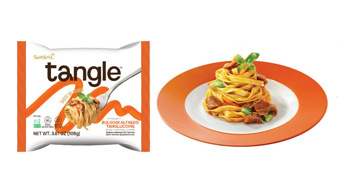 Image of Tangle's single-serve packaging with its brand logo, next to a plate of pasta