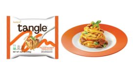 Image of Tangle's single-serve packaging with its brand logo, next to a plate of pasta