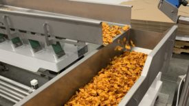 A material handling chute with potato chips in it.