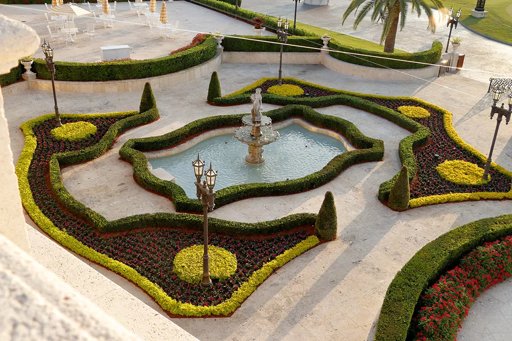 Balcony view of the garden and fountain at the Doral Resort in Miami.