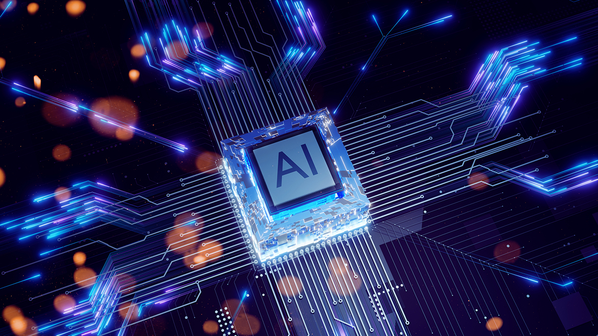AI chip on a dark circuit board with glowing blue lines and orange bokeh