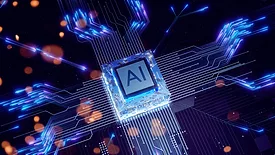 AI chip on a dark circuit board with glowing blue lines and orange bokeh.