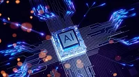 AI chip on a dark circuit board with glowing blue lines and orange bokeh.