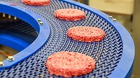 Blue conveyor belt carrying raw ground beef patties.