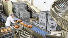 Manufacturing line operator placing bread in crates. She is surrounded by empty crates.