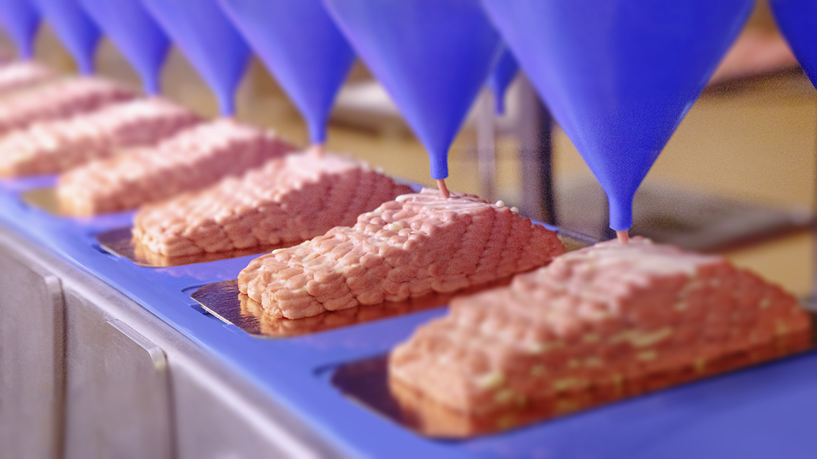 Revo Foods produces 'salmon' filets using 3D printing techniques in its Austria facility and is capable of producing several filets simultaneously with a specially designed multi-nozzle printer.