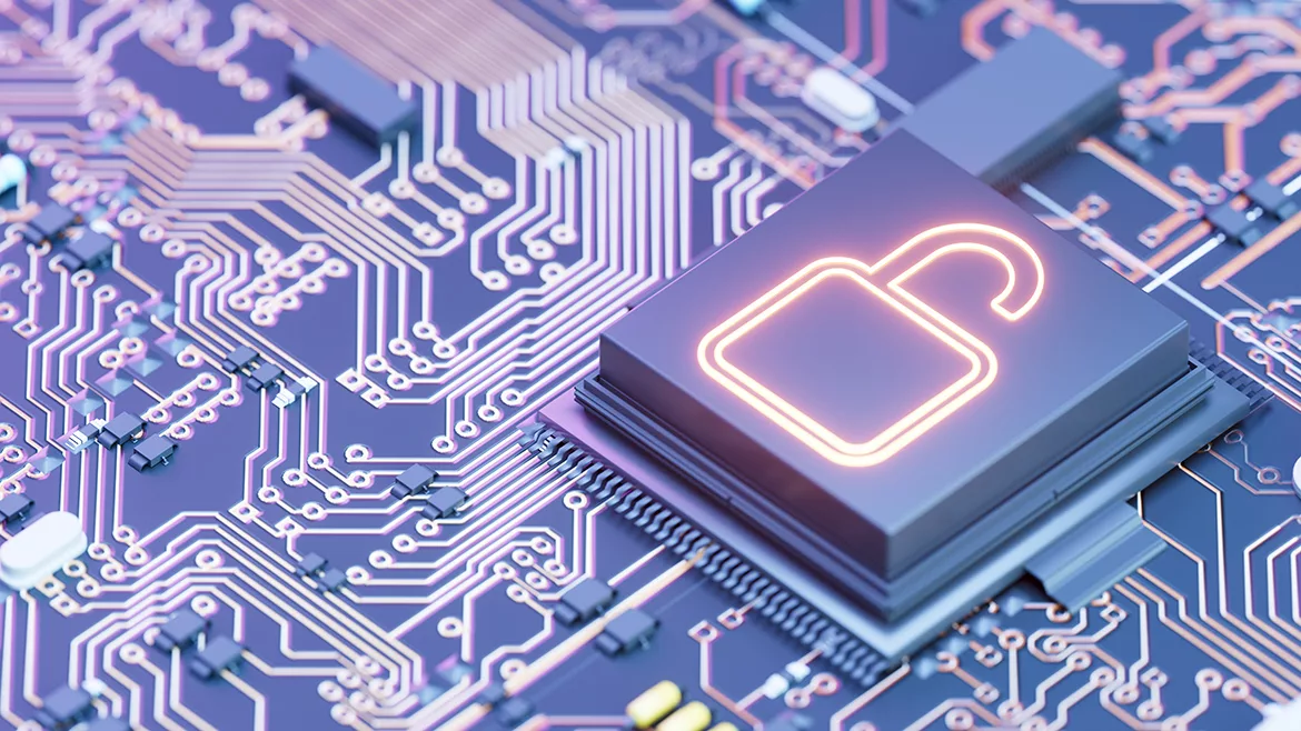 Digitally generated image of open padlock Data Breach, Cyber security concept, digital data security with open padlock on chip of motherboard. Digitally generated image. 3d render.
