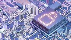 Digitally generated image of open padlock Data Breach, Cyber security concept, digital data security with open padlock on chip of motherboard. Digitally generated image. 3d render.