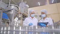 Quality assurance staff Quality assurance staff checking food moving along a conveyor belt in an automated production line.