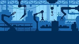 Large production line with Industrial Robot arms vector illustration