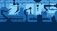 Illustration of large production line. Large production line with Industrial Robot arms vector illustration