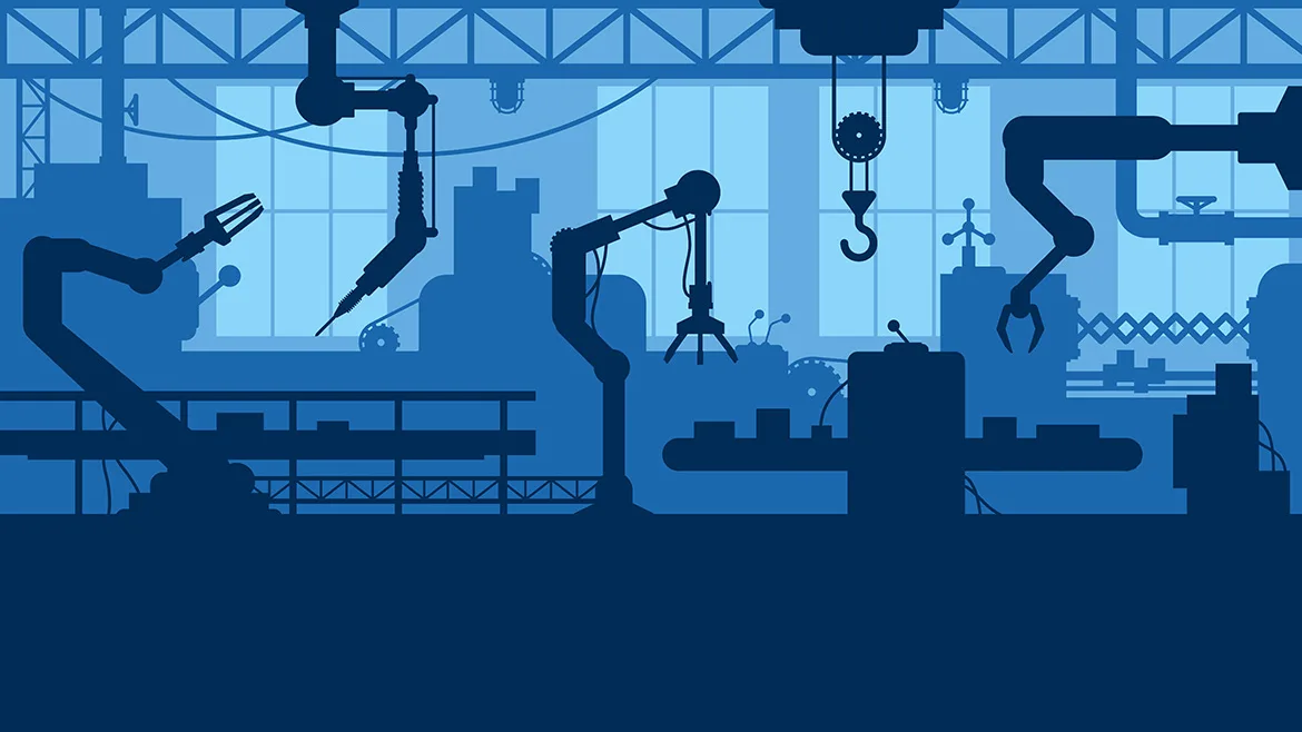Large production line with Industrial Robot arms vector illustration