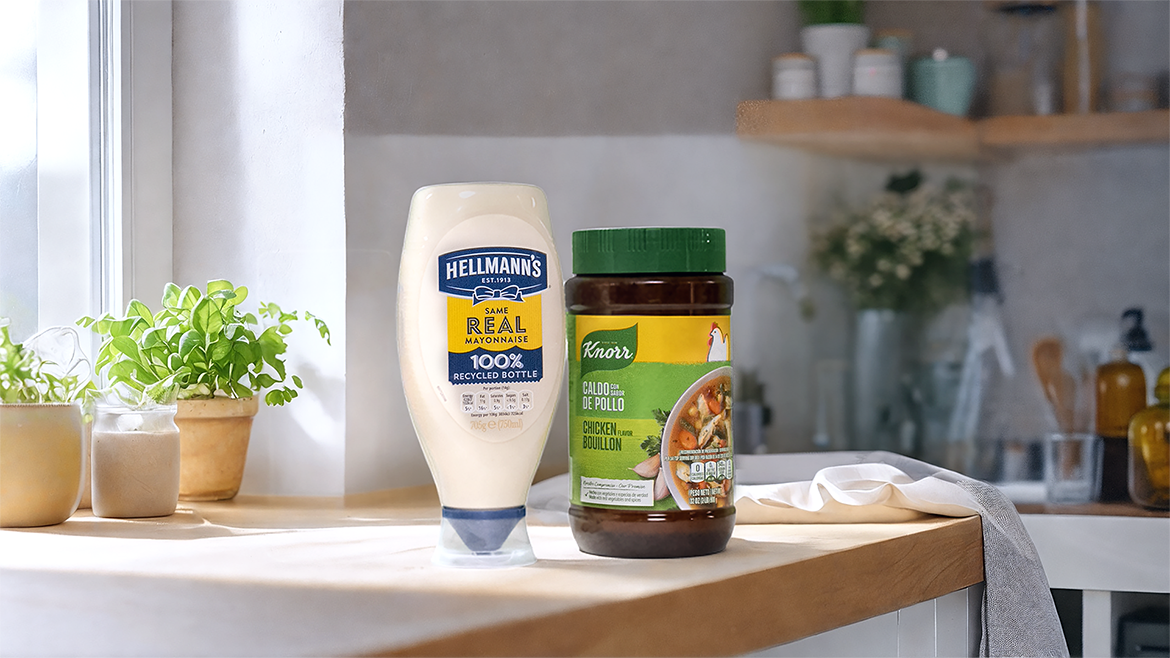 A bottle of Hellman's REAL Mayonnaise on the left and a jar of Knorr Chicken Flavor Bouillon on a kitchen counter with small potted plants to the left, a kitchen towel behind the products and a slightly blurred background.