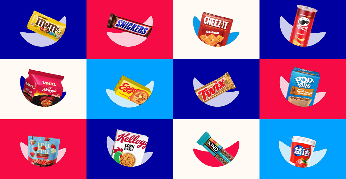 Mars and Kellanova brands in a checker pattern with blue, red, and white boxes each containing a product.