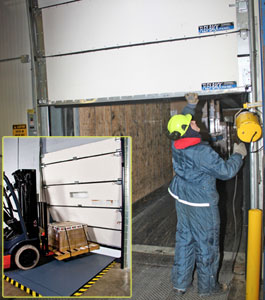 Ben and Jerry's maintenance staff replaced rigid bottom panels on its receiving dock doors with flexible FLEX-BACK panels