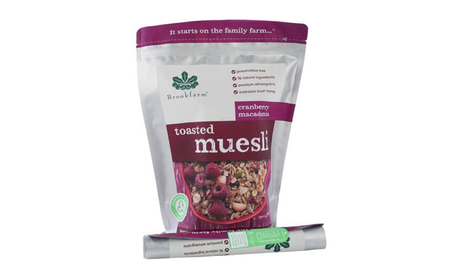 Brookfarm: curbside recyclable, high-barrier stand-up pouch by O F Packaging