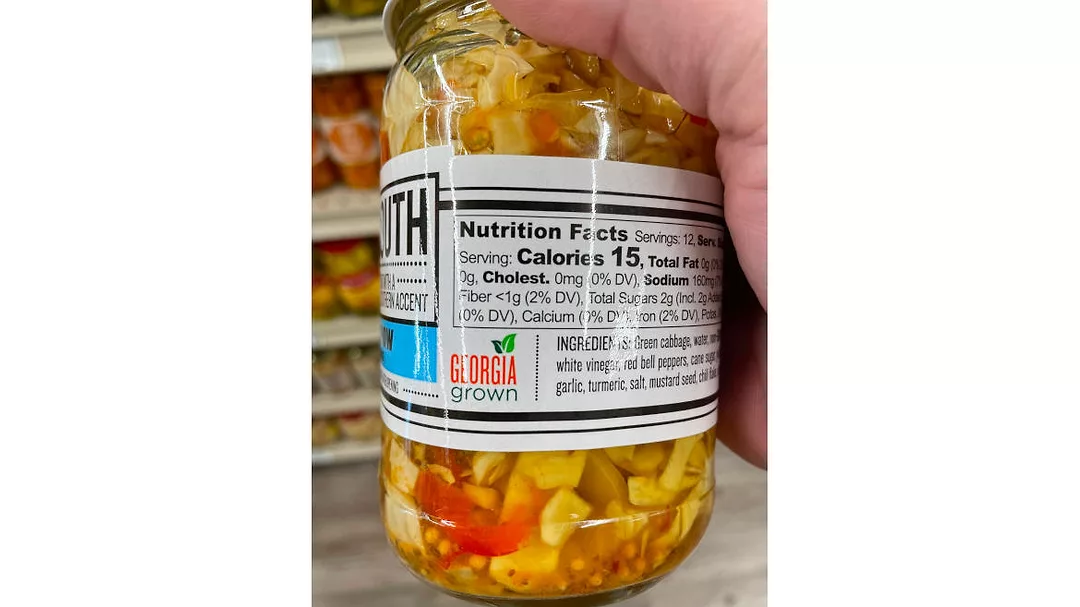 A close-up of Doux South’s pickled cabbage Chow Chow label showing the Georgia Grown label and its ingredients.