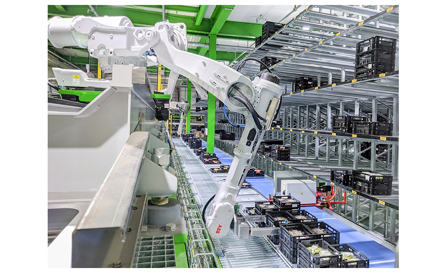 An ABB IRB 660 four-axis robot starts the product flow