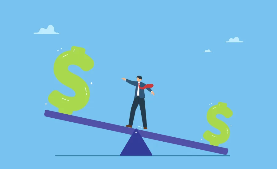 Illustration of balancing businessman Illustration of businessman standing in the middle of a large scale, balancing between two green dollar signs at each end, one larger than the other. Blue background with very small white clouds.