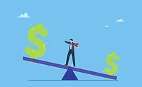 Illustration of balancing businessman Illustration of businessman standing in the middle of a large scale, balancing between two green dollar signs at each end, one larger than the other. Blue background with very small white clouds.
