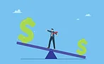Illustration of balancing businessman Illustration of businessman standing in the middle of a large scale, balancing between two green dollar signs at each end, one larger than the other. Blue background with very small white clouds.