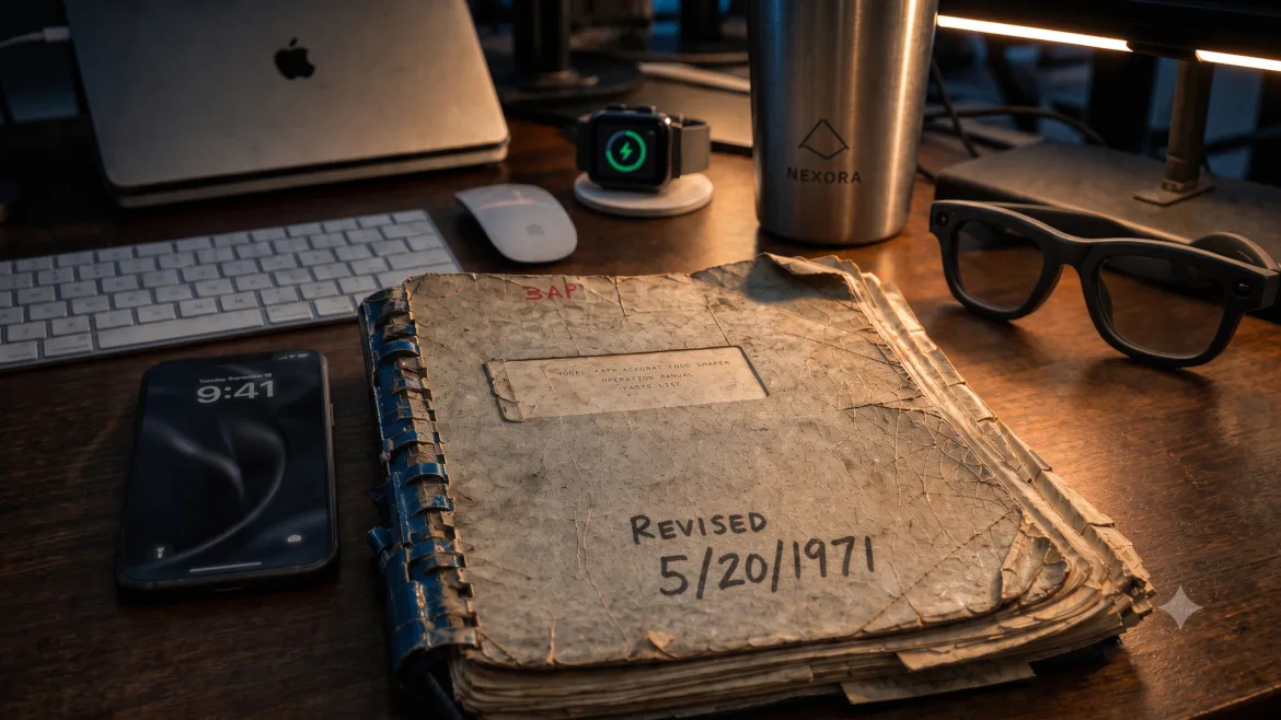 An old and tattered manual titled 'Revised 5/20/1971' on a desk along with a cellphone, sunglasses, Apple iWatch, laptop and keyboard, and a water bottle.
