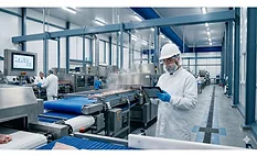 Worker in protective food-processing attire uses a tablet beside stainless-steel conveyor equipment in a modern food manufacturing facility.