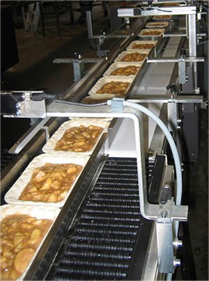 Ready-to-eat meals being conveyed after tray filling. Photo courtesy of Shuttleworth