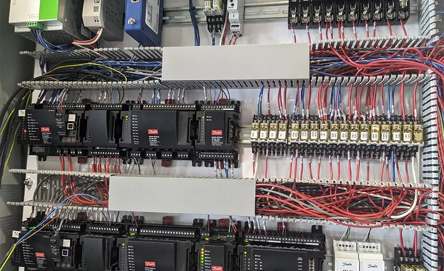 The Danfoss components provide the brains of the CO2 chiller developed by Pro-Refrigeration, Inc. and installed in a California dairy. Photo courtesy Danfoss