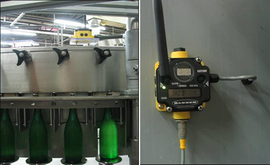 Banner Engineering photoelectric and proximity sensors count the bottles (left) while Banner’s SureCross wireless node (right) stores and sends the data