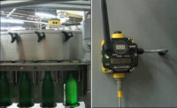 Banner Engineering photoelectric and proximity sensors count the bottles (left) while Banner’s SureCross wireless node (right) stores and sends the data